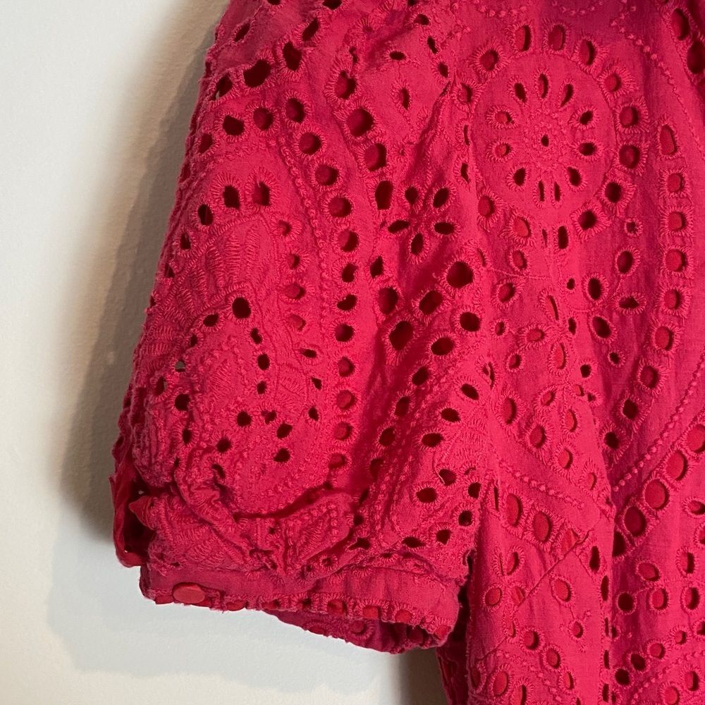 Badgley Mischka Eyelet Belted Vneck Midi Dress Red Raspberry Pink Puff Sleeve 4 - Picture 7 of 8